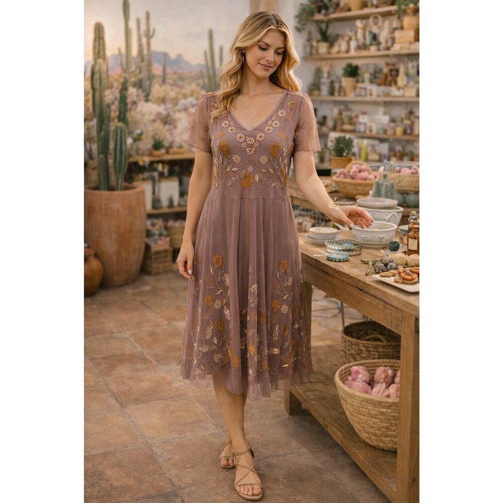 Sundance Mesh Midi Dress Medium Floral Embroidered V-Neck Fit Flare Boho